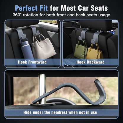 4-Pack Car Headrest Hooks Holds 55lbs Seat Storage Organizer for Bags | Durable ABS Material, 360° Rotating, Car Hanger for Backpack Umbrella Water Bottle Coat Purses Handbags Groceries, Grey - Image 4