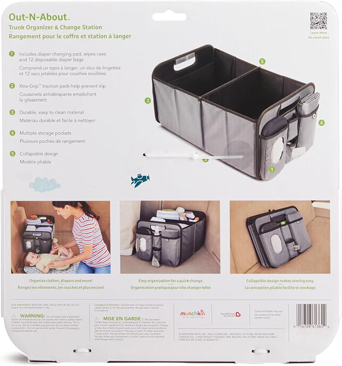 Munchkin Out-n-About Trunk Organizer for SUVs and Cars with Portable Changing Pad and Wet Baby Wipes for Diaper Changes On-the-Go, Collapsible, Grey - Image 3