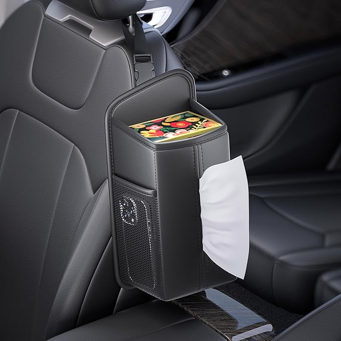 Car Tissue Holder for Front Seat | Wide Refill Opening, 2 Side Mesh Pockets for Phones & Cards, Fits 150 Tissues, Durable PU Leather car seat organizer by Unknown