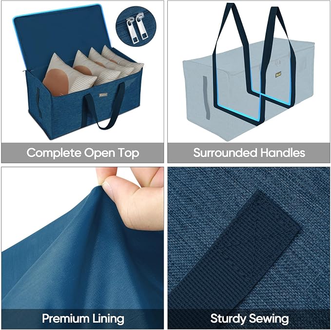 BALEINE Extra Large Storage Tote with Zippers & Carrying Handles, Heavy-Duty Oxford Fabric Moving Bags for Laundry, Space Saving, Storage, Denim Blue - Image 3