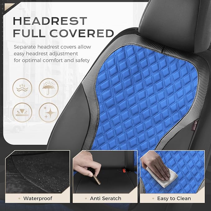 Coverado Automotive Seat Covers, Front Leather Car Protectors 2-Pack, Spill-Proof Seamless Car Seat Cushion, Black&Blue Car Seat Cover, Driver Seat Covers Universal Fit for SUV, Truck, Sedan - Image 3