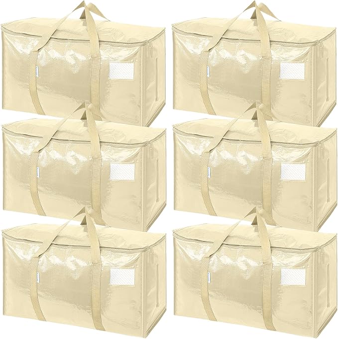 TICONN 6 Pack Extra Large Moving Bags Heavy Duty with Zippers & Carrying Handles, Durable Storage Bags Moving Boxes for Closet Organizers and Storage (6 Pack, Cream) by TICONN