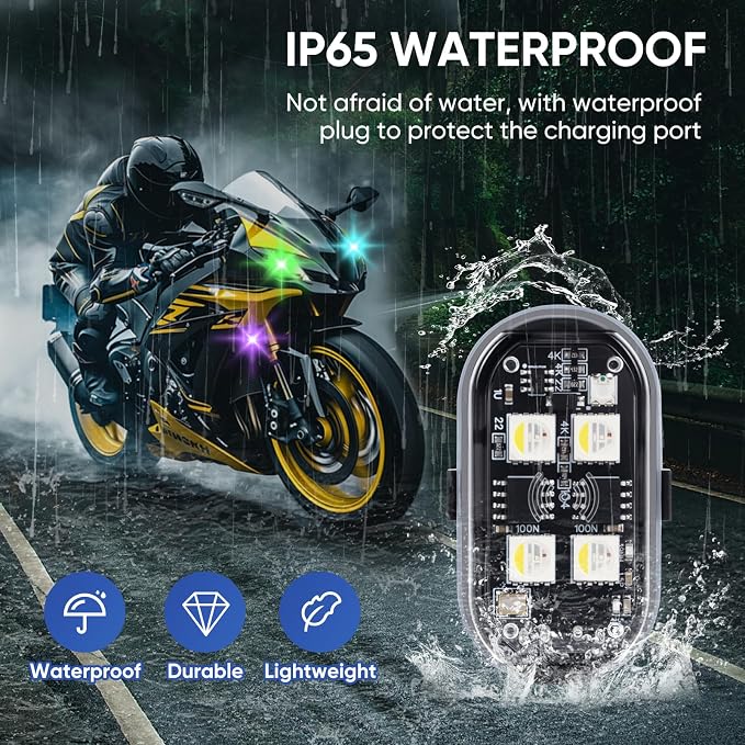 Upgraded 4LEDs 4PCS Wireless LED Strobe Lights with Remote Control, 8 Colors Type-C Rechargeable Led Lights Anti Collision Warning Light for Car Motorcycle Bike Drone Aircraft - Image 6