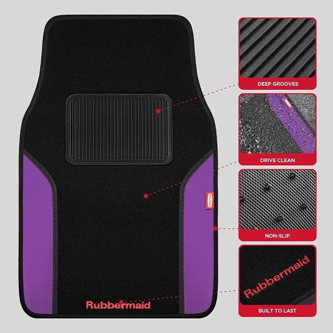 Rubbermaid Car Mats, Carpeted Floor Car Mat with Faux Leather & Built-in Heel Pad, Two-Tone Car Rug Floor Mats, Stylish Carpeted Floor Mats for Cars, Trucks & SUVs Purple Color - Image 3