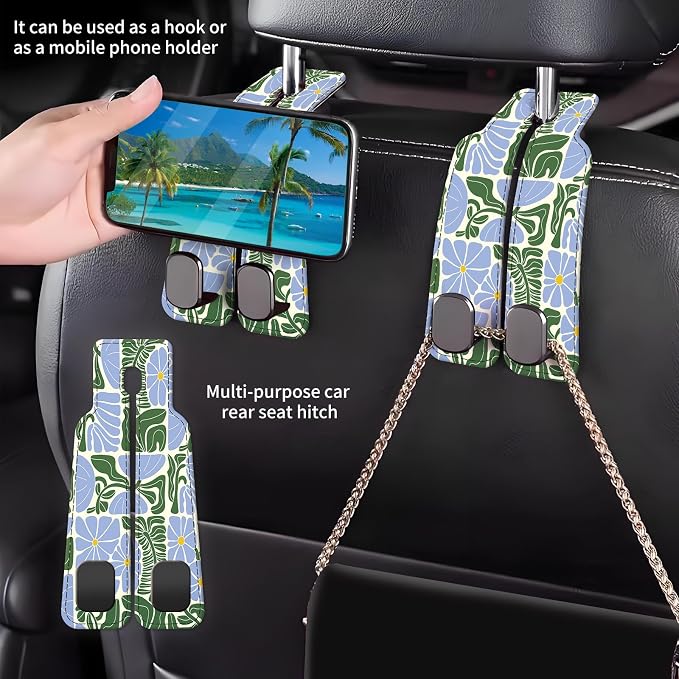 Car Seat Back Storage Headrest Hook, Premium Leather Double Metal Hook, Hanger Storage Organizer for Purse Cloth Bag, Car Interior Accessories Boho Blue Pattern - Image 2