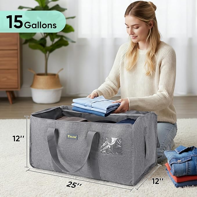 BALEINE Extra Large Storage Tote with Zippers & Carrying Handles, Heavy-Duty Oxford Fabric Moving Bags for Laundry, Space Saving, Storage, Winter Gray - Image 5