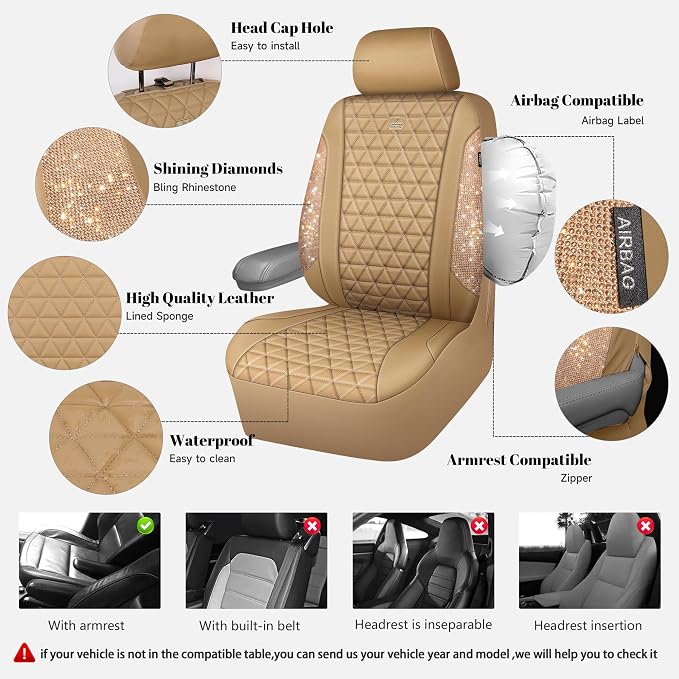 CAR PASS Bling Diamond Beige Leather Car Seat Covers Full Sets Interior Set, Waterproof Shining Glitter Sparkly Crystal Universal Armrest Fit for Automotive Truck SUV Cute Women Girl, Beige Rhinestone - Image 5