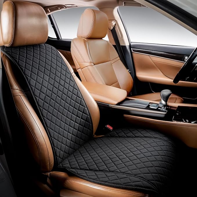 Faux Linen Front Car Seat Cover, Seat Protector, 1 Unit, Black | Non-Slip Bucket Sear Cover for Most Cars, SUVs, Vans & Trucks – Machine Washable, Side-Airbag Friendly by IVICY