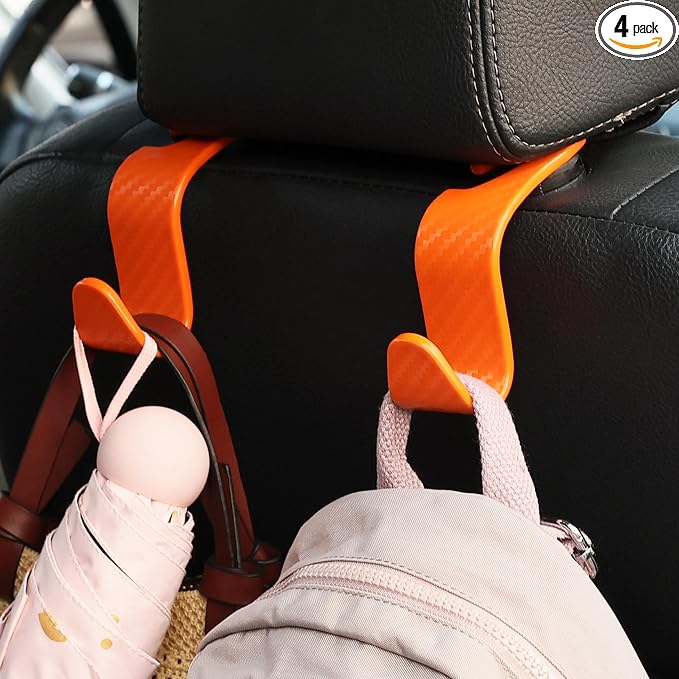 Car Seat Hooks 4 Pack - 55lb Heavy Duty Headrest Hanger, Orange | Universal fit for most cars SUVs,Hang purses handbags coats umbrellas grocery bags,ABS plastic,Easy Installation by Toiyason