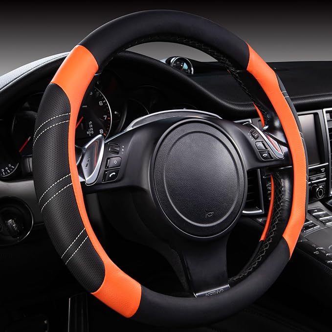 CAR PASS Line Rider Microfiber Leather Sporty Steering Wheel Cover Universal Fits for 95% Truck,SUV,Cars,14.5-15inch Anti-Slip Safety Comfortable Desgin (Black-Orange) by CARPASS