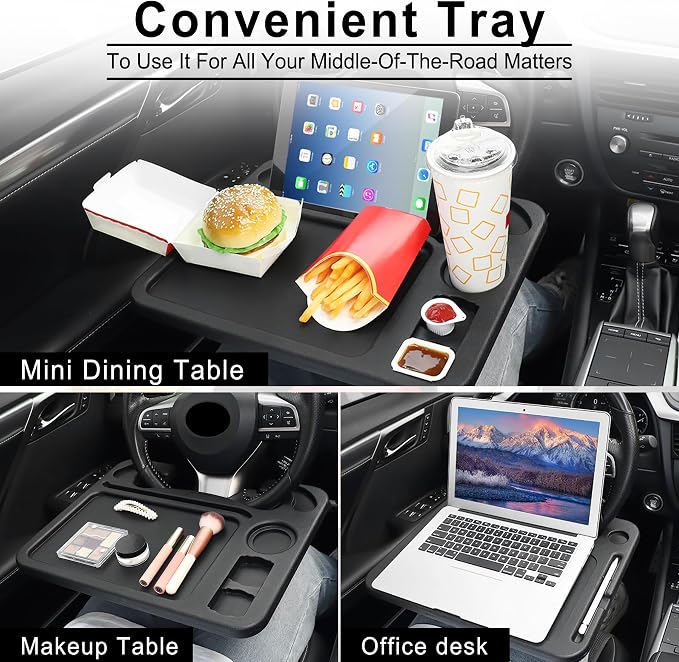 JUSTTOP 4 In 1 Car Steering Wheel Desk for Laptop,Versatile Upgraded Car Seat Tray, Spacious Steering Wheel Table With Tablet Holder and Dual Sauce Racks,Steering Wheel Under Table Console (Large) - Image 5