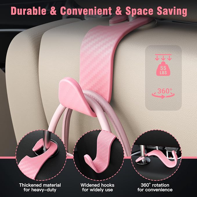 4-Pack Car Headrest Hooks Holds 55lbs Seat Storage Organizer for Bags | Durable ABS Material, 360° Rotating, Car Hanger for Backpack Umbrella Water Bottle Coat Handbags Groceries, Checkered Pink - Image 5
