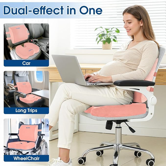 CloudBliss Ergonomic Seat Cushion & Lumbar Support Pillow Set, Pink, XL | Back Pain & Sciatica Relief, Memory Foam Support, Adjustable Straps, Machine Washable Velvet, Perfect for Office, Car, Gaming - Image 7
