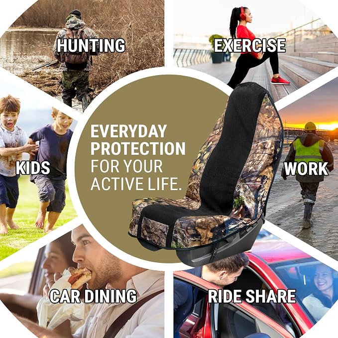 Season Guard Mossy Oak Camo Car Seat Cover Towel Protector; Great for After Gym Workouts, Dogs, Kids, and Outdoor Activities; Universal Fit for Cars SUVs MiniVans Trucks, EZ fit, Non Slip Grip, 2pc - Image 3