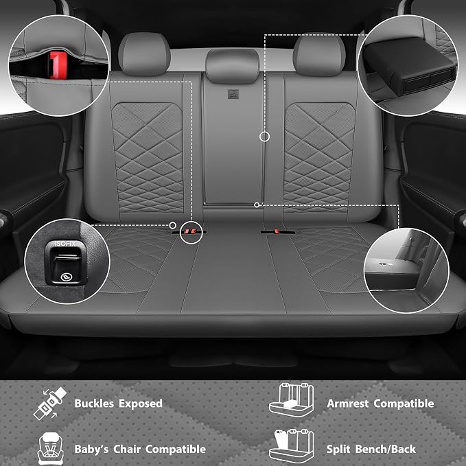 CAR PASS Luxury Nappa Leather Seat Covers Full Set, Water Resistant Faux Leather Seat Cover with Lumbar Support, Breathable Automotive Seat Covers Universal Fit for Sedan SUV Van Truck, Pure Gray - Image 4