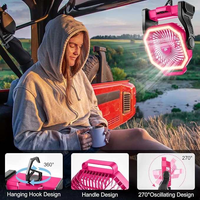 Odoland Portable Rechargeable Fan, 20000mAh Camping Fan with LED Lantern | 4-Speed Airflow & 3-Color Light Oscillating Fan with Hanging Hook for Tent Car Beach Hurricane Power Outage, Pink - Image 5