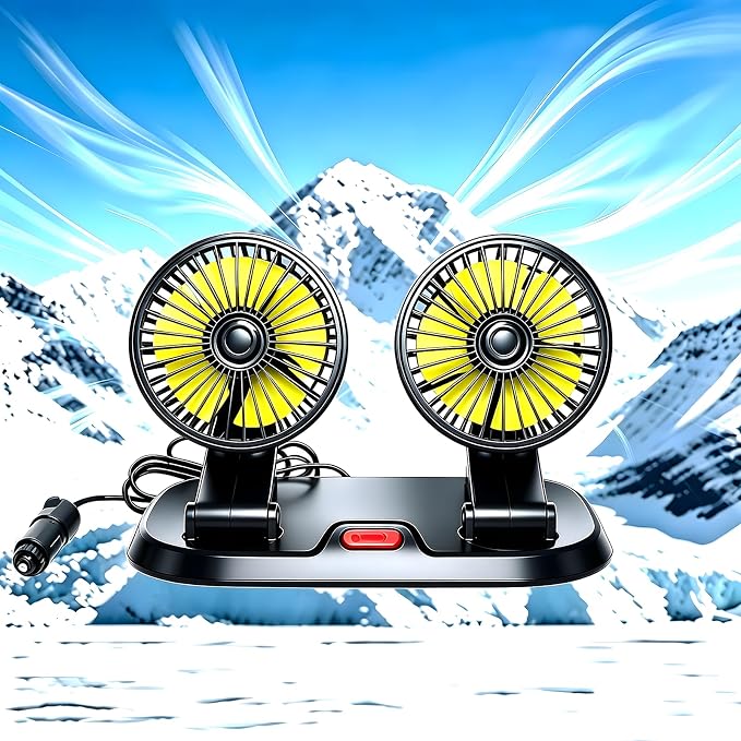 Portable 2-Head Car Cooling Fan, 12V Cigarette Lighter Plug Dashboard Fan for Vehicles Cars Trucks SUV, 360° Adjustable Heads Strong Airflow (No Battery) by Unknown