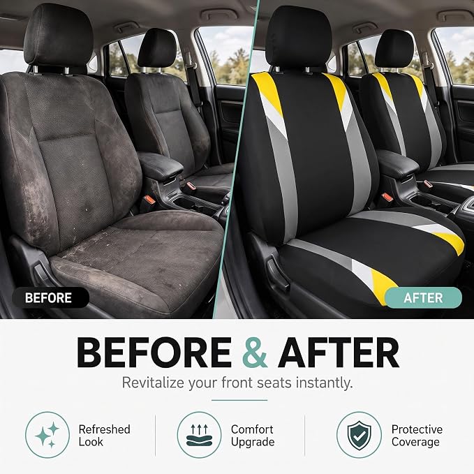 FH Group Front Set Cloth Car Seat Covers for Low Back Car Seats with Removable Headrest, Universal Fit, Airbag Compatible Car Seat Cover for SUV, Sedan, Van, Yellow - Image 9