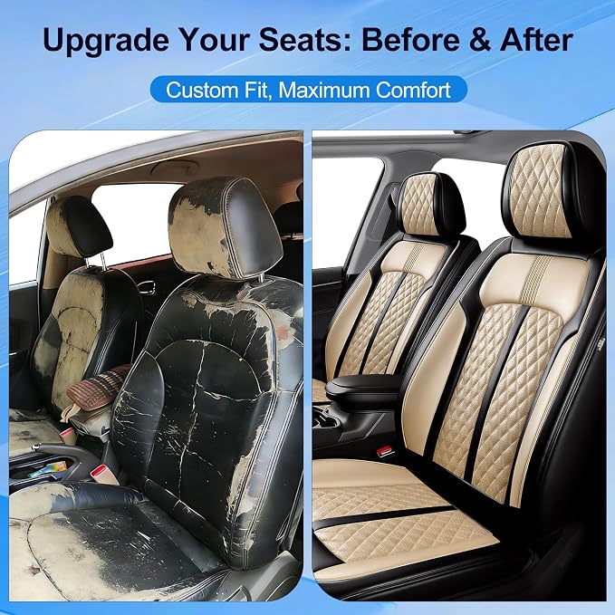 Fit Wrangler 4-Door Seat Covers Fit for Jeep Wrangler 2007-2025, Front Pair | Premium Leather Full Coverage Protector, Waterproof, Breathable, Scratch Resistant, Easy Wipe, Airbag Compatible, Black+Beige - Image 3