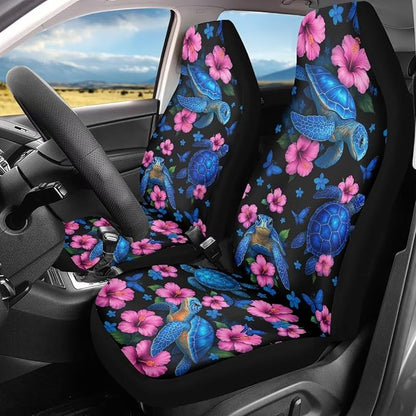 Hibiscus Flower Car Seat Covers Front Set Car Seats for Men Women, Sea Turtle Print Universal Fit Automotive Seat Covers for SUV, Sedan, Van - Image 2