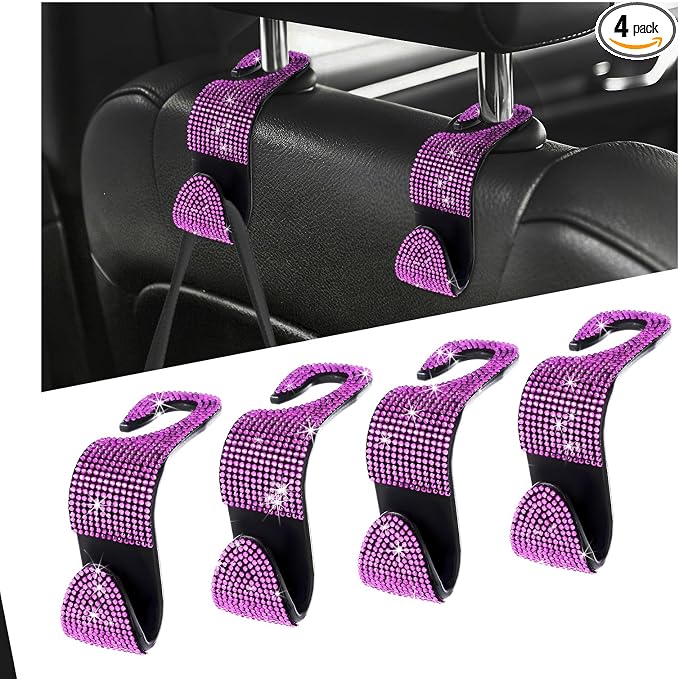 4 PCS Bling Car Seat Headrest Hooks, Sparkly Crystal Rhinestone Auto Back Seat Hanger Backpack Storage Hanger, Universal Diamond Handbag Hanging Holder for Car RV SUV Truck (Pink) by XJVSS