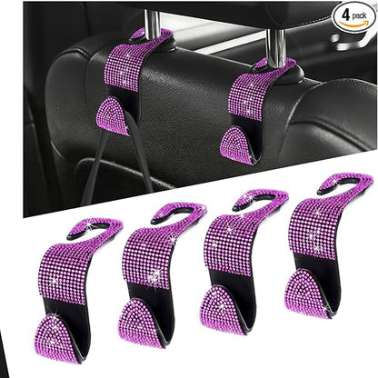 4 PCS Bling Car Seat Headrest Hooks, Sparkly Crystal Rhinestone Auto Back Seat Hanger Backpack Storage Hanger, Universal Diamond Handbag Hanging Holder for Car RV SUV Truck (Pink) by XJVSS
