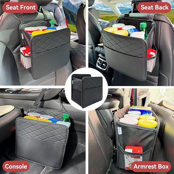 Witaxima 2 Pack Upgraded Car Seat Organizer Backseat with Storage Pockets | Multipurpose Car Organizer Hanging Car Trash Bag Premium PU Leather Garbage Can 2.14 Gallon Large Capacity Accessories Black - Image 6
