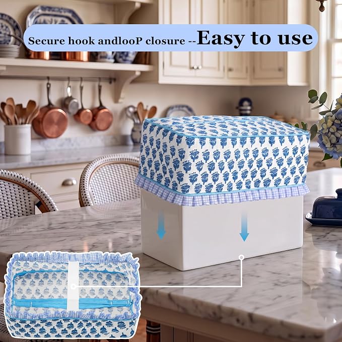 Block Print Fabric Tissue Box Cover, Hydrangea, Royal Blue | Rectangular Ruffle Sleeve, Decorative Holder for Bathroom Vanity Car, Napkin Dispenser Grand Millennial Boho Decor Home - Image 4