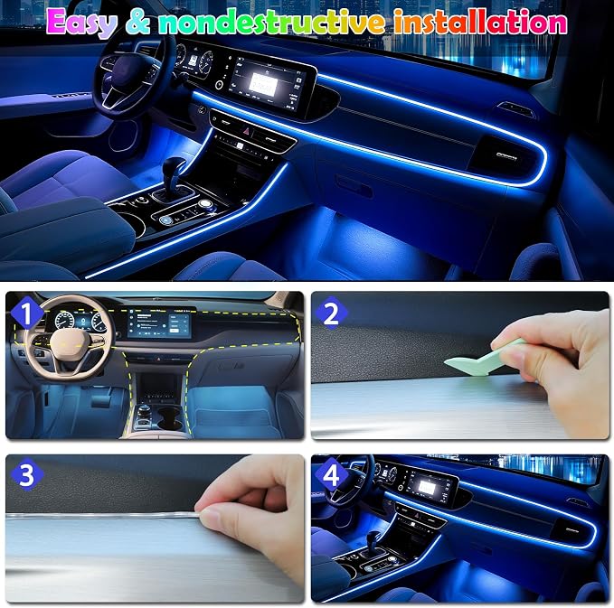Car Led Strip Lights, Interior Car Lights, App Control Ambient Lighting Kit With RGB 16 Million Colors Fiber Optics&Music Sync Rhythm, USB Neon Light Accessories for Center Console&Dashboard, Upgraded - Image 7
