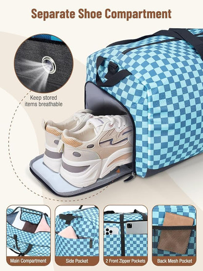 Lekesky Foldable Travel Duffle Bag for Women, Large Duffel Bag with Separate Shoes Compartments & Straps, Carry On Weekend Bag for Women, Hospital, Overnight (Green Gingham, 80L) - Image 4