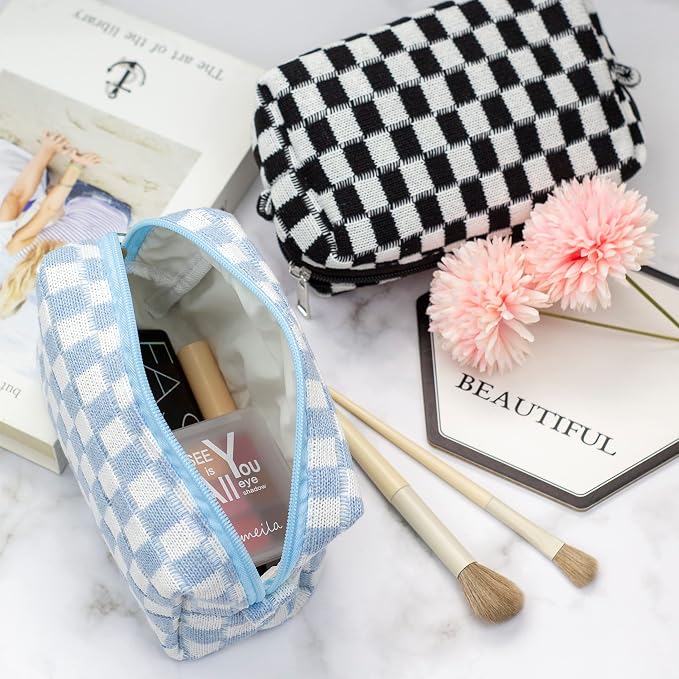 PAZIMIIK Checkered Makeup Bag for Purse Portable Zipper Make Up Pouch Small Cosmetic Case for Travel Accessories (Blue) | Cute Zipper Makeup Organizer for Women, Travel Essentials, Toiletries, Makeup Brushes, Beauty Accessories&Bridesmaid Gifts - Image 2