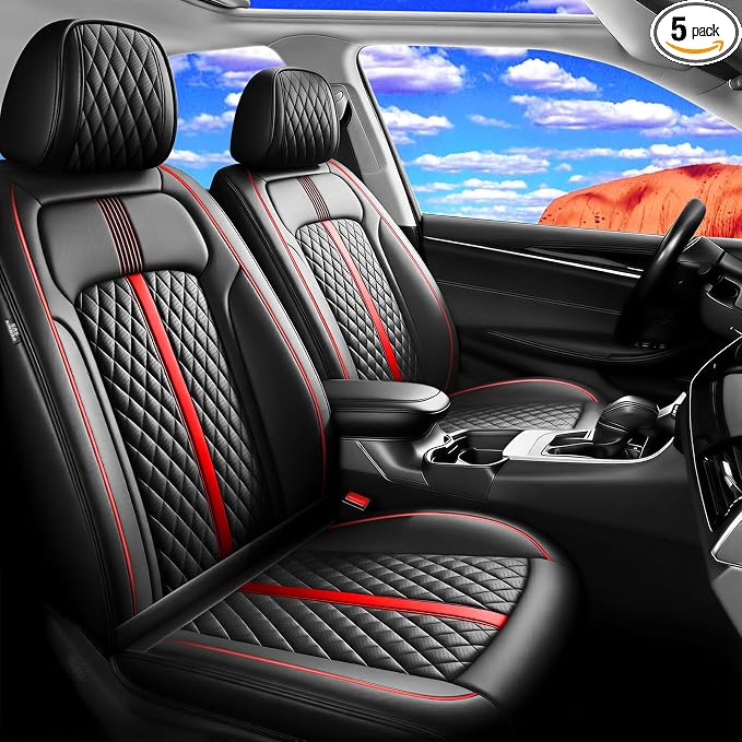 Fit Sonata Seat Covers Custom Fit for Hyundai Sonata 2007-2026, Full Set | Premium Leather Full Coverage Protectors, Waterproof, Breathable, Scratch Resistant, Easy Wipe, Airbag Compatible, RedTrim by FiveFox