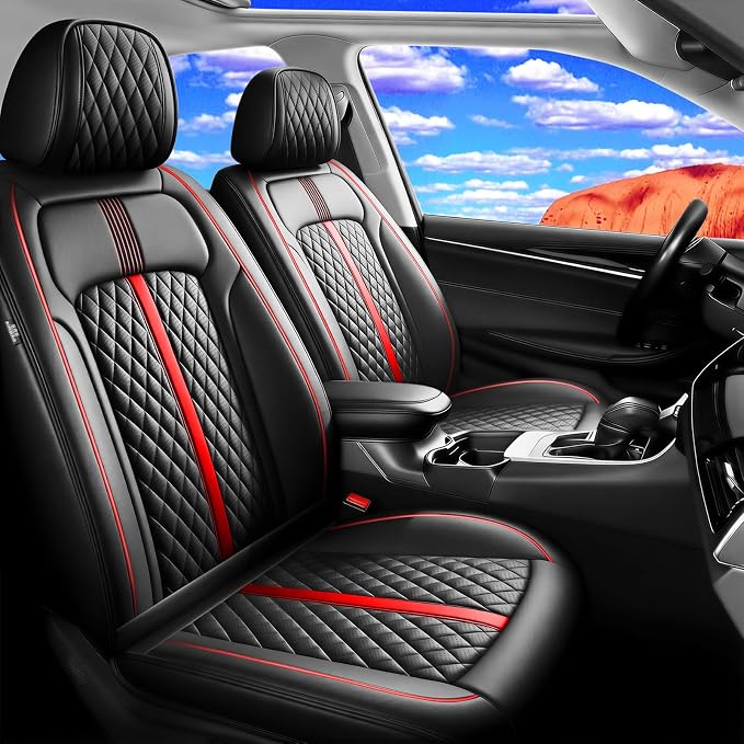 Fit Santa Fe Seat Covers Fit for Hyundai Santa Fe 2007-2026, Front Pair | Premium Leather Full Coverage Protectors, Waterproof, Breathable, Scratch Resistant, Easy Wipe, Airbag Compatible, RedTrim by FiveFox