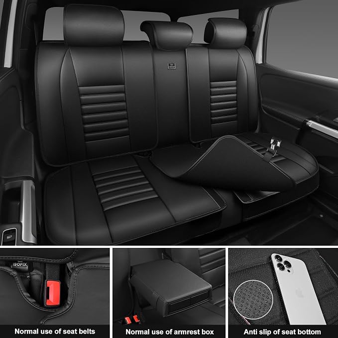 CAR PASS Back Seat Covers, Nappa Leather Rear Seat Bench Cushion Lined Sponge Waterproof Breathable PU Split Back Row Protector Universal Fit for Car Vehicle Sedan SUV Pickup Truck, Back Rear Seats - Image 2