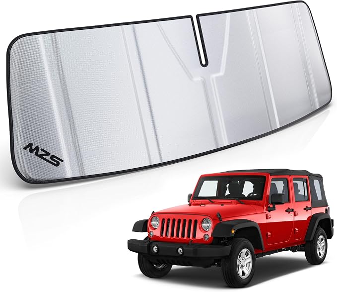 MZS Windshield Sun Shade Compatible with Wrangler JK JKU 2011-2018 | 6-Layer Heat Insulation, 99% UV Blocking, Keeps Interior Cool, Full Coverage Visor, Foldable Car Window Sunshade, Storage Bag by MZS