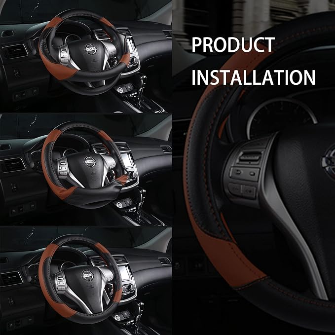 Leather Car Steering Wheel Cover, Universal Fit for Most Cars, Brown | Microfiber Leather,Non-Slip Breathable Auto Steering Wheel Protector - Image 5