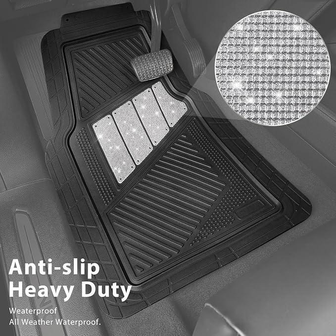 CAR PASS Heavy Duty Rubber Floor Mats 4-Piece Bling Car Mats Full Set - Universal Waterproof Floor Mats for SUV Truck, Durable All Weather Car Mats, Automotive Mats for Women Glitter Silver - Image 3