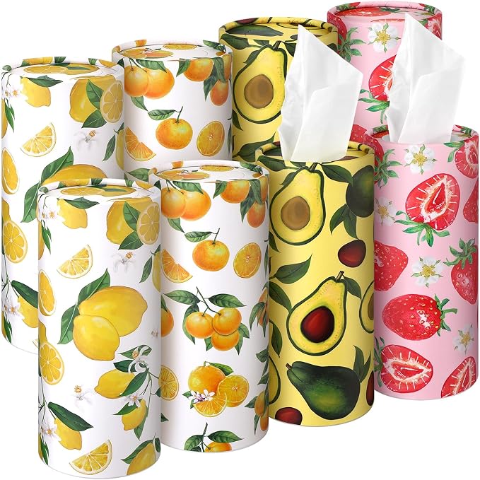 Zonon 8 Pcs Car Tissues Holder Round Box with Facial Tissue Bulk Fruit Multicolor Car Tissues Cylinder with 50 Sheets Face Towel Fit for Cube Boxes Christmas Round Tubes Cup Holder Container Travel by Zonon
