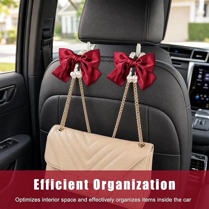 2 PCS Bow Pearl Car Seat Headrest Hook, Car Seatback Hanging Organizer Elegant Pearl Purse Hanger, Cute Bow Vehicle Interior Headrest Storage Hook for Handbag Purse Coat (Red) - Image 4