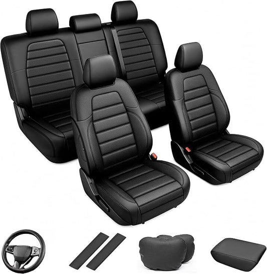 Custom Seat Covers for Honda CRV 2017-2022 Front Rear Set-Black | Faux Leather Car Seat Covers,5-Piece Set, Includes Neck Pillows, Armrest Cover, Steering Wheel Cover & Seat Belt Covers by AOMSAZTO