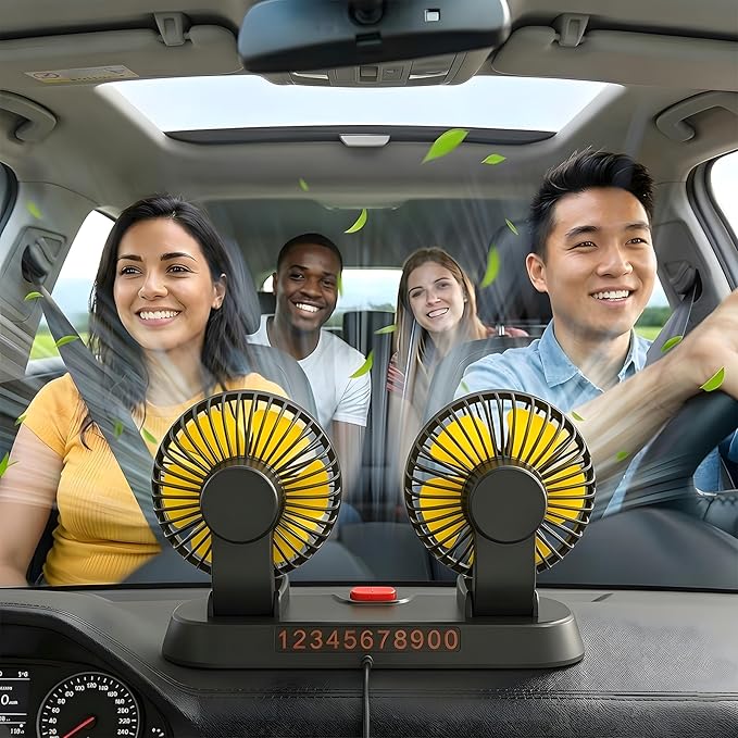 12V Heavy Duty Dual Head Car Fan, 2-Speed Dashboard Cooling Fan with Cigarette Lighter Plug, 360° Rotatable Vehicle Air Circulator for SUV RV Truck Sedan - Image 5