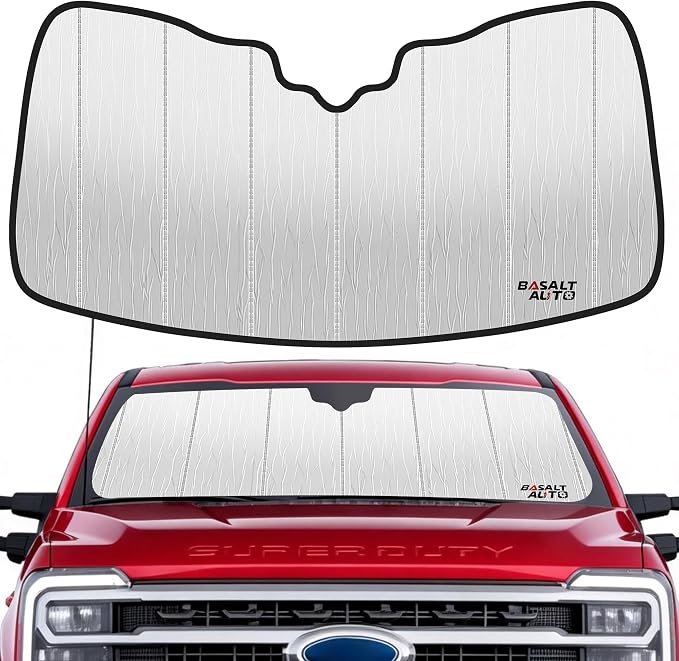 2023-2024 F-250/F-350 Windshield Sun Shade Compatible for 2023-2024 Ford F-250/F-350/F-450/F-550/F-600 Super Duty Silver Reflective Foldable Front Sun Visor Sunshade Protector with Storage by BasaltAuto