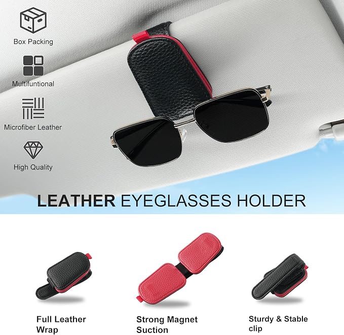 SINGARO Sunglasses Holder for Car, Leather Magnetic Buckle Sun Visor Sunglass Clip, Ticket Card Storage Glasses Clip, Car Interior Accessories for Men and Women（Black-red） - Image 5