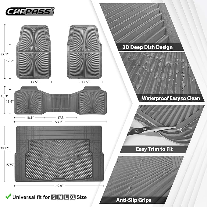 CAR PASS Gray Rubber Floor Mats&Cargo Liner,Waterproof Truck Mats Heavy Duty,All Weather Trim-to-Fit Automotive Mat for Car Truck SUV,Anti-Slip Easy Clean Durable,Full Set 5-Piece,3D Emboss All Grey - Image 3
