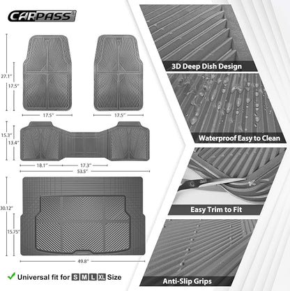 CAR PASS Gray Rubber Floor Mats&Cargo Liner,Waterproof Truck Mats Heavy Duty,All Weather Trim-to-Fit Automotive Mat for Car Truck SUV,Anti-Slip Easy Clean Durable,Full Set 5-Piece,3D Emboss All Grey - Image 3
