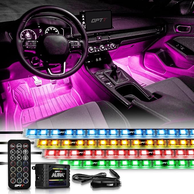 OPT7 Aura RGB Interior Car Lights with Remote Control, 4PC LED Strips Kit | Interior Ambient Glow, Sound Sync Lighting, 12V Car Charger, Flexible Light Strips, SUV Under Dash Decoration by OPT7