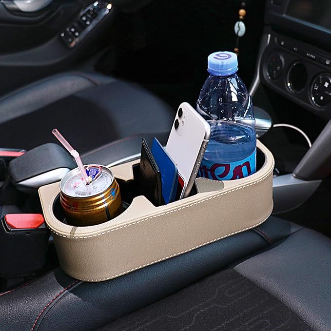 Car Cup Holder, Car Seat Gap Filler Organizer, PU Leather, Beige | Front Seat Organizer, Console Side Pocket, Cell Phone Holder, Coin Bucket, Car Storage Box, Universal Fits, Easy Installation - Image 8