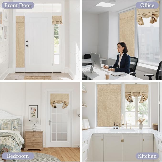 RYB HOME Natural Linen Textured French Door Window Curtains 100% Blackout | Self Adhesive, Thermal Insulated Privacy Energy Saving, Shades for Nursery Office Patio Glass Door, W26 x L40, 1 Panel - Image 9