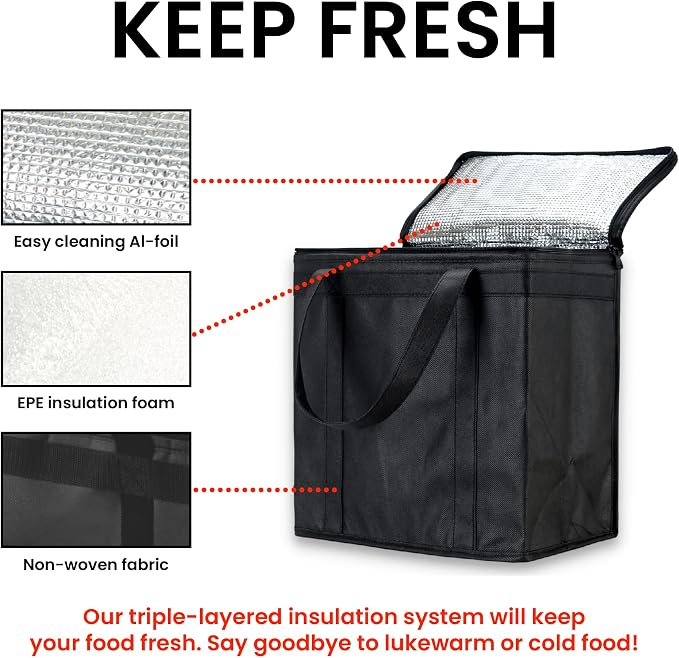 NZ home Insulated Food Bag, Portable Cooler Tote (Medium, Black, 2 Pack) | Thermal bag, For cold and hot food, Soft sided cooler, Heavy duty 4-layered tote, Grocery shopping, Beach or travel bag - Image 3