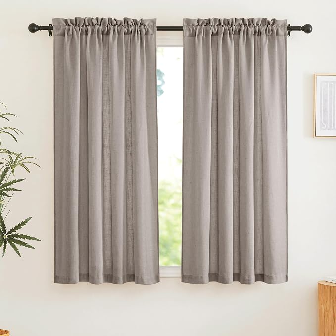 RYB HOME Privacy Sheer Curtains - Dual Rod Pocket Semi Sheer Drapes for Living Room, Linen Semi-Translucent Curtains for Bedroom, Birch Brown, 52 Wide x 63 inches Long, 1 Pair by RYBHOME